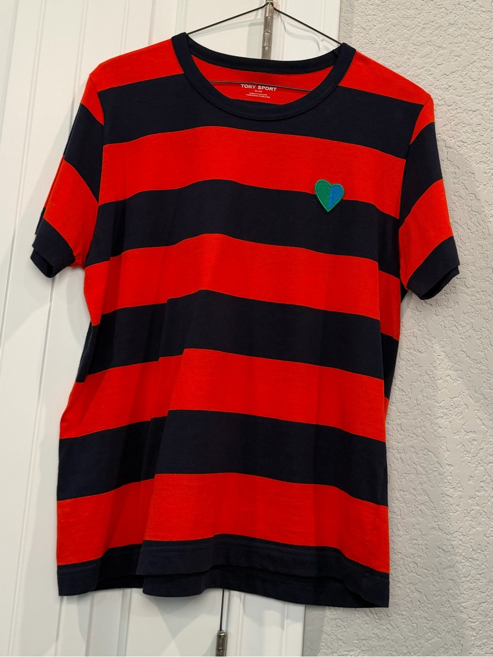 Tory Sport Red & Navy Striped Short‑Sleeve Tee with Green Heart Patch